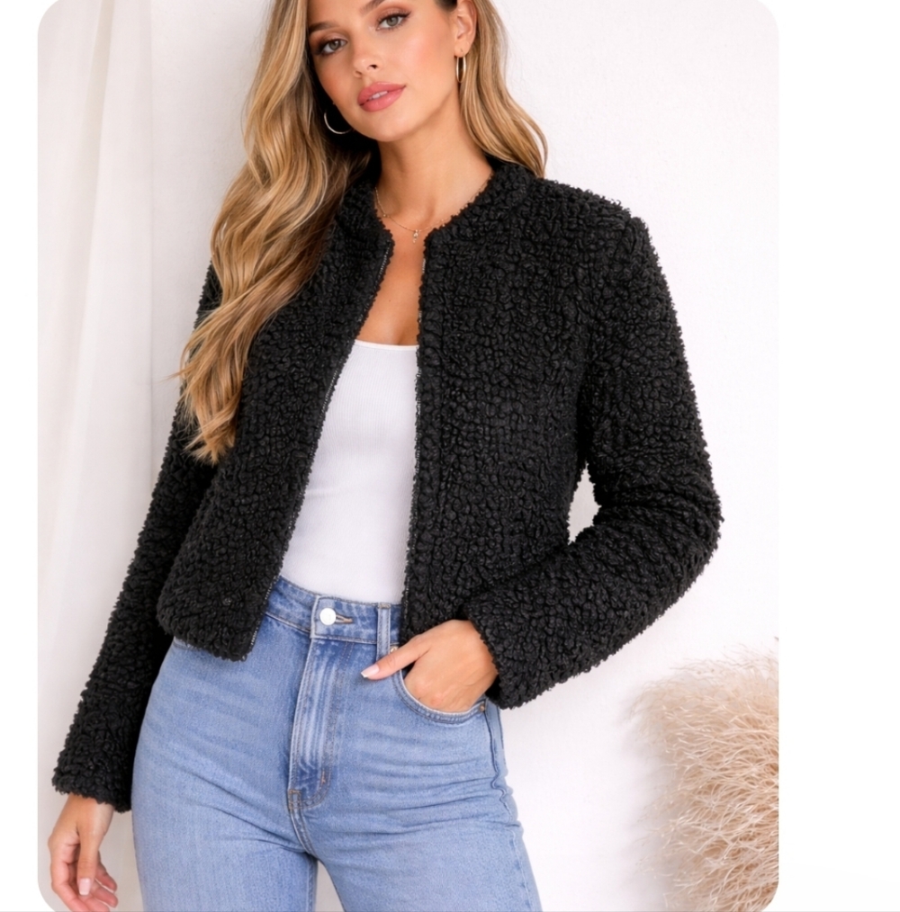 H&M Black Teddy Fleece Jacket Women’s Size 2 Textured Cozy Open Front Coat